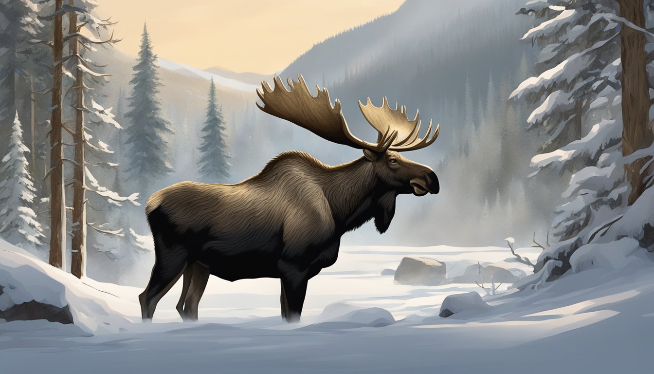 A moose standing in a snow-covered forest, with a mountainous backdrop and a hunting license displayed on a tree trunk