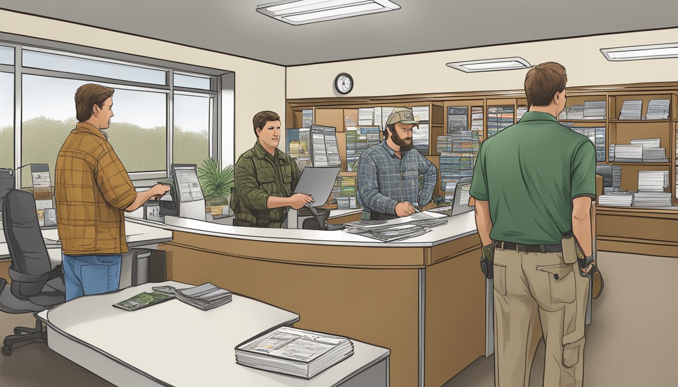 A hunter purchasing a non-resident hunting license at an Alabama government office counter