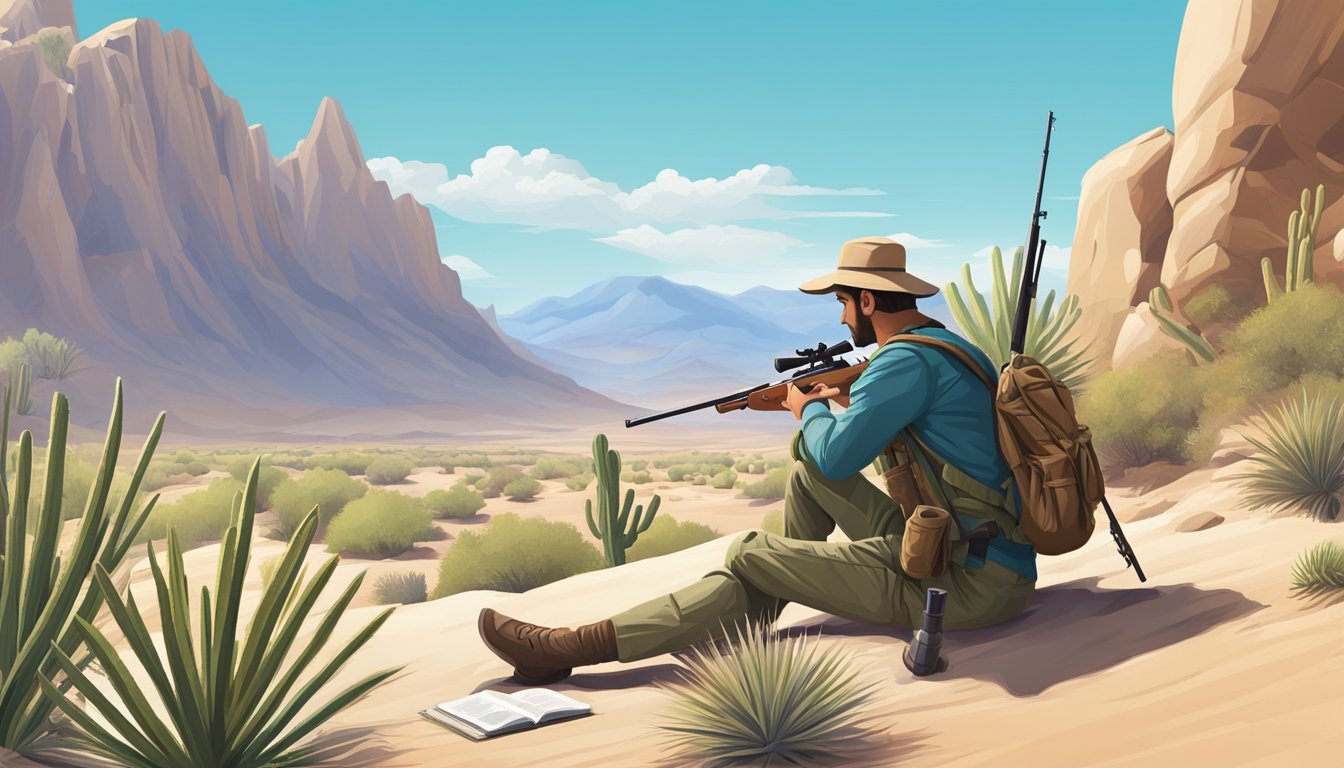 A serene desert landscape with a hunter's rifle and a wildlife guidebook, surrounded by cacti and mountains under a clear blue sky