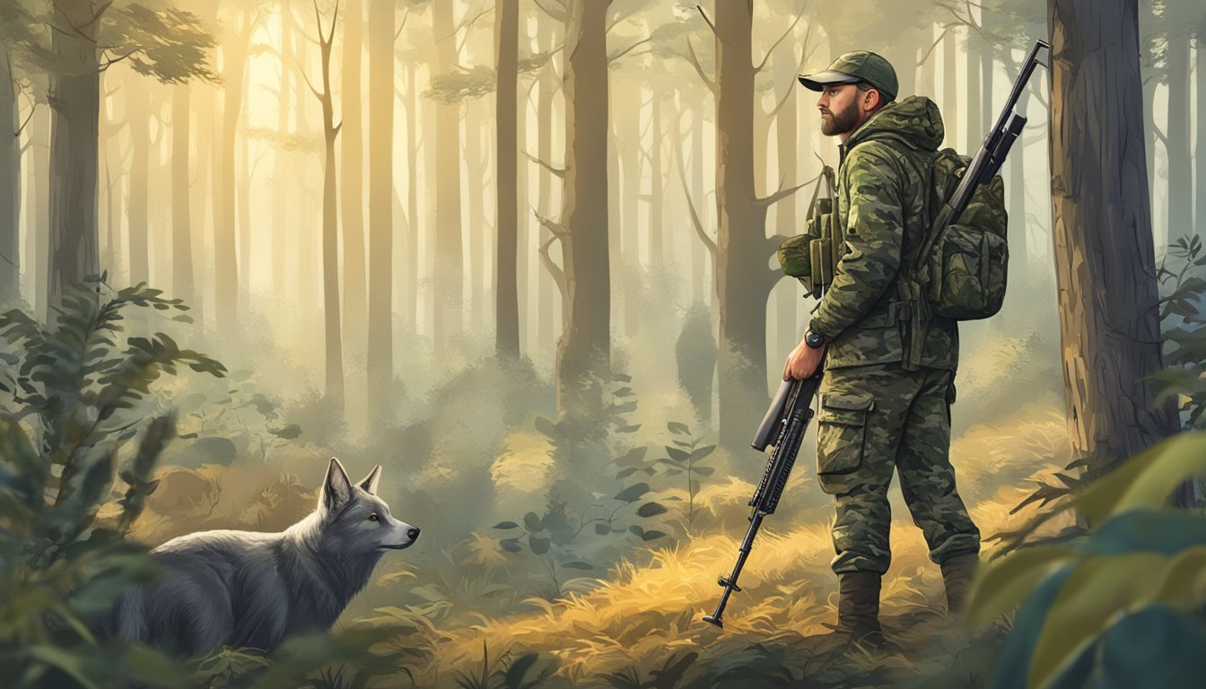 A hunter in camouflage holding a rifle in a forest clearing with a variety of wildlife in the background