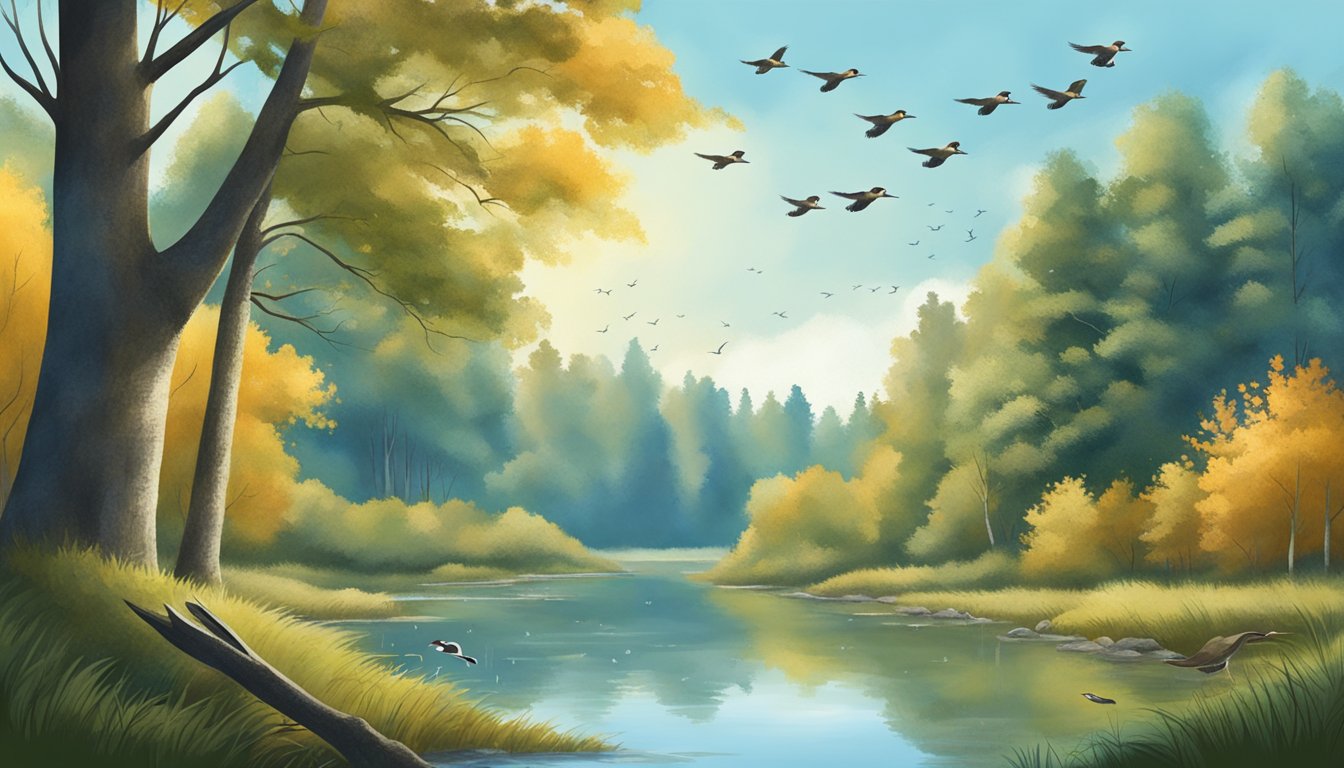 A serene forest with a clear blue sky, a hunter's blind nestled among the trees, and a flock of ducks flying overhead