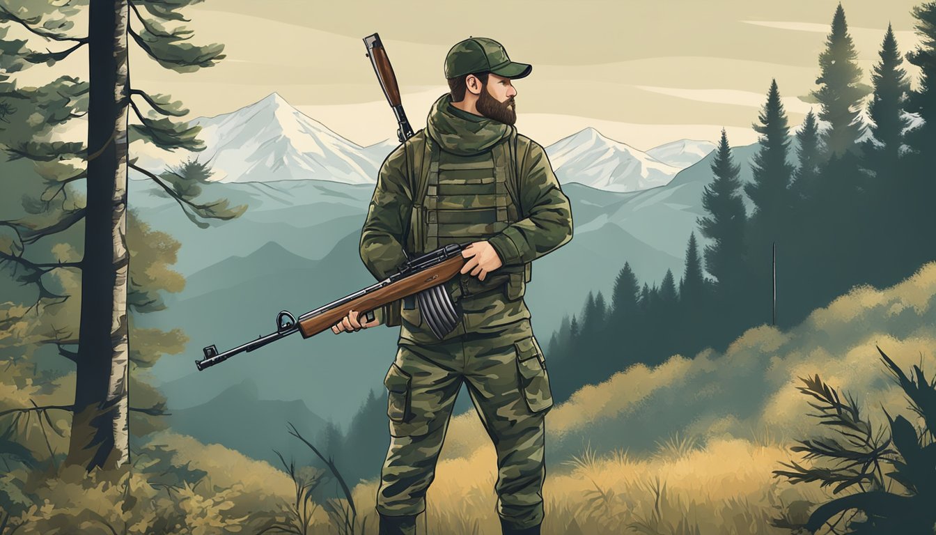 A hunter holding a rifle and wearing camouflage clothing while standing in a forest with mountains in the background