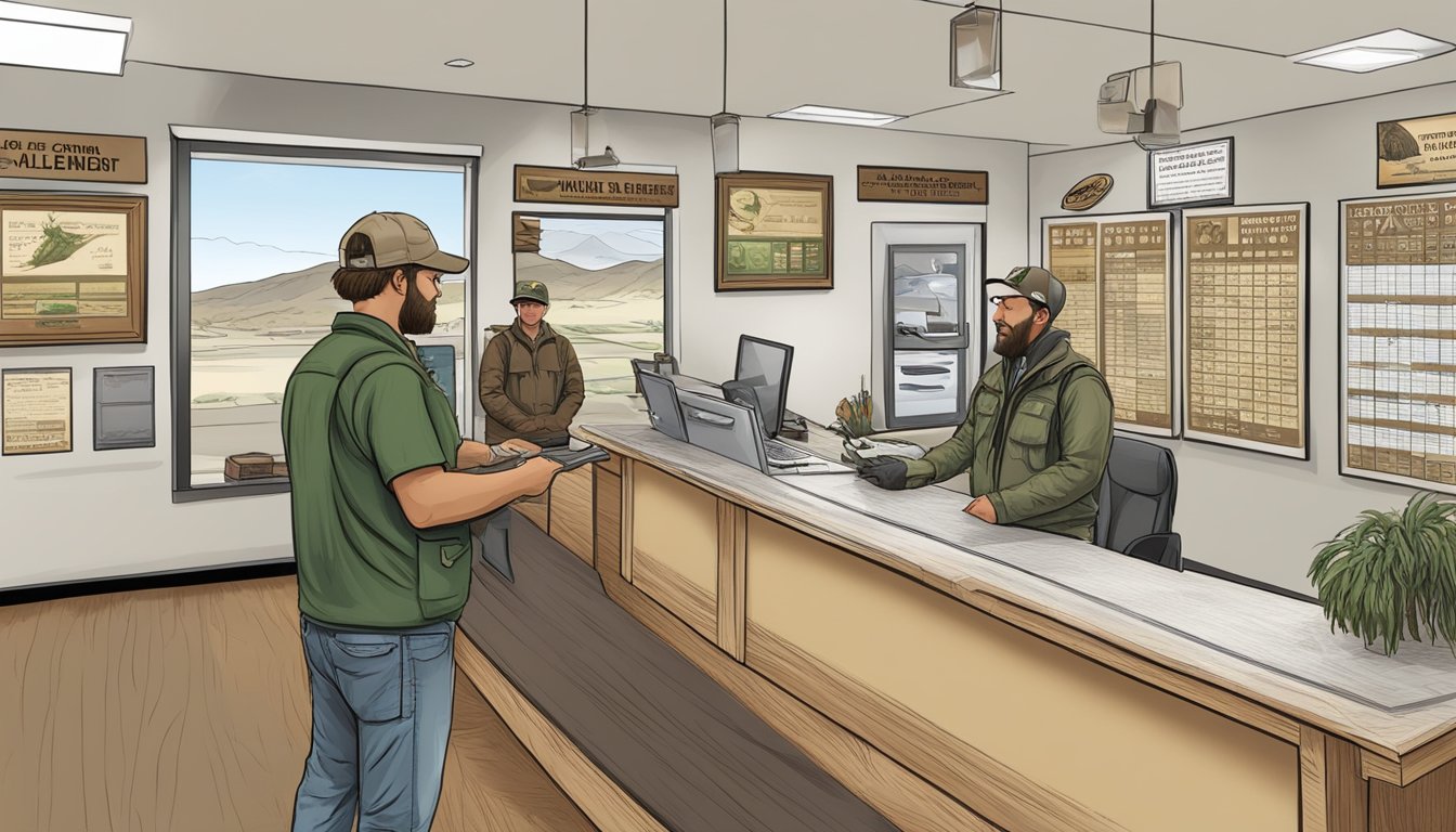 A hunter purchasing a California Non Resident Hunting License at a wildlife agency office counter