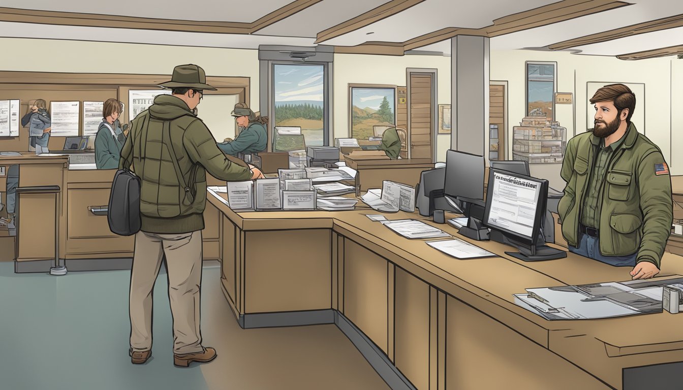 A hunter purchasing an Arkansas non-resident hunting license at a government office counter