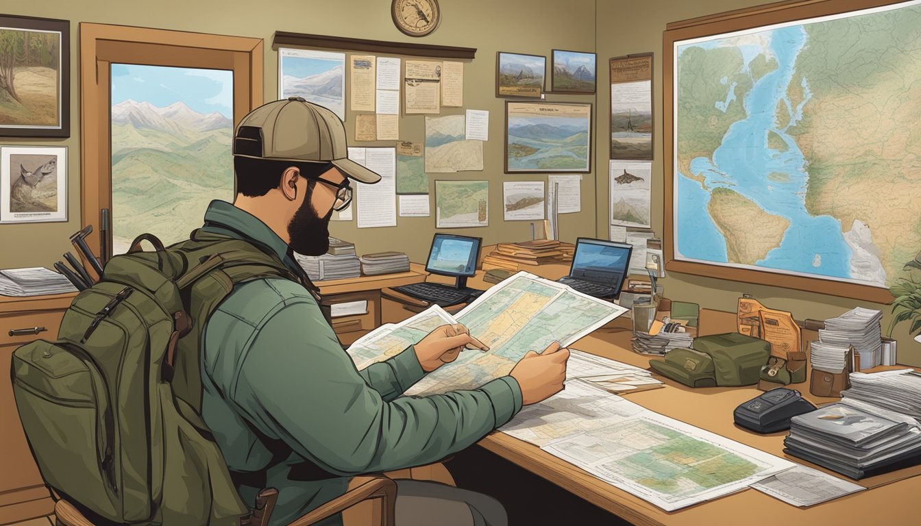 A hunter purchasing a non-resident hunting license at a California wildlife office, surrounded by maps, wildlife posters, and hunting gear