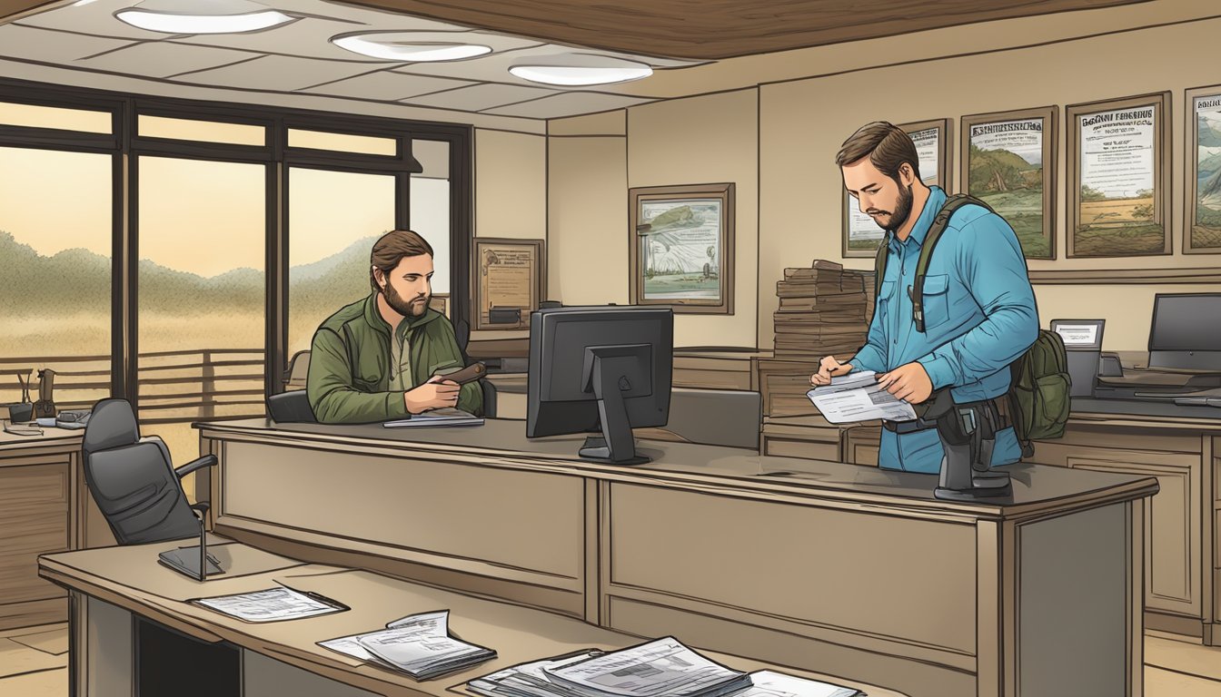 A hunter purchasing an Arkansas non-resident hunting license at a wildlife agency office