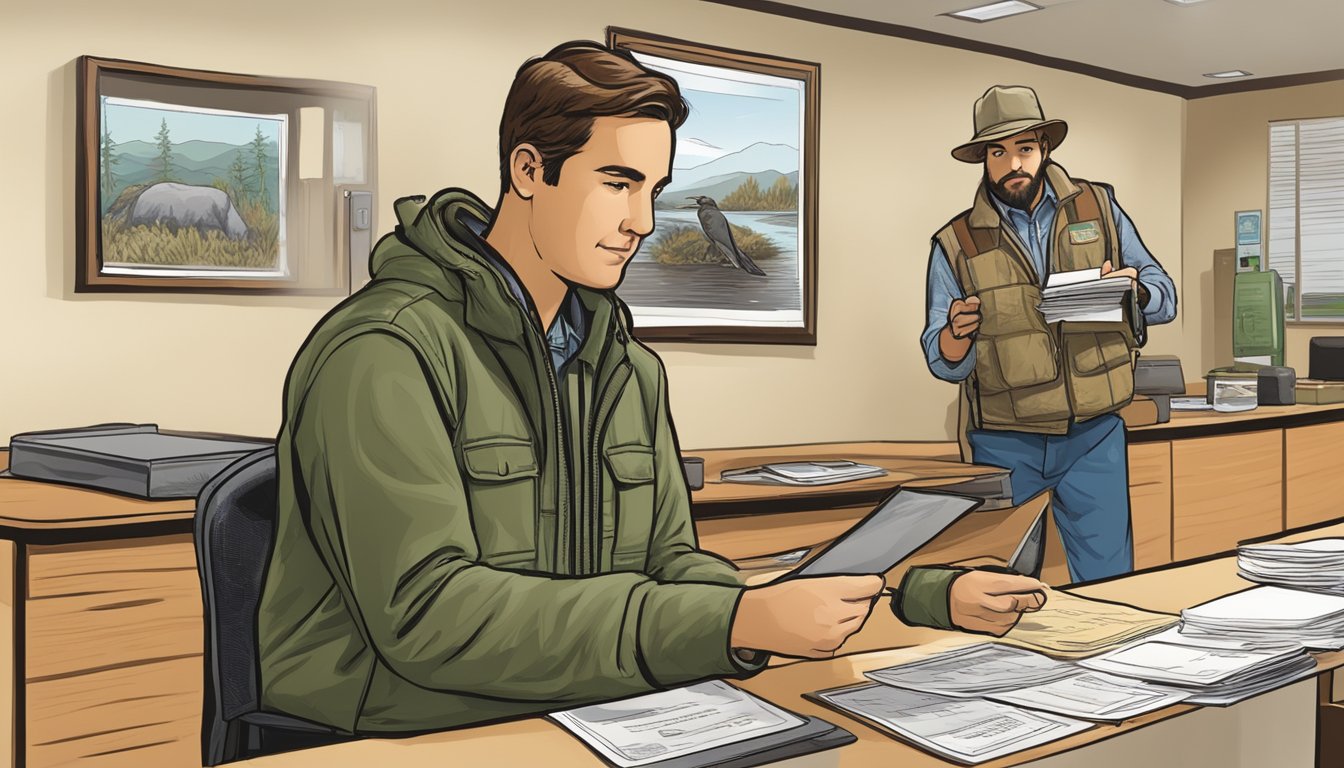 A hunter purchasing a non-resident hunting license at a California wildlife office