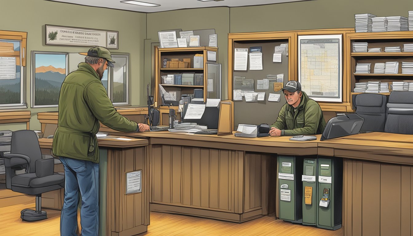 A hunter purchasing a non-resident hunting license at a Colorado wildlife office