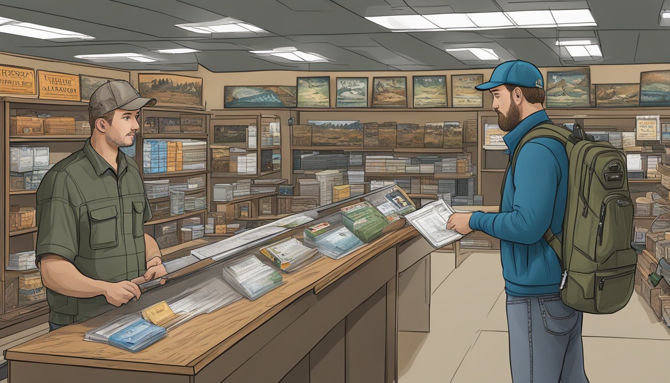 A hunter purchasing an Arkansas non-resident hunting license at a local outdoor supply store