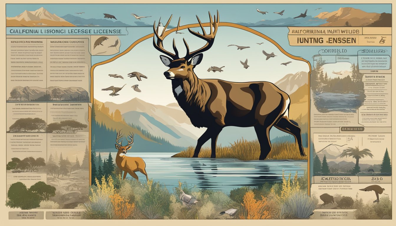 A California non-resident hunting license surrounded by images of wildlife and marked with important dates