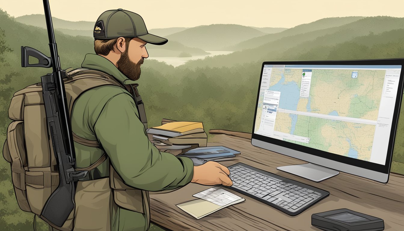 A hunter purchasing an Arkansas non-resident hunting license online, selecting game tags, and reporting their hunting activities