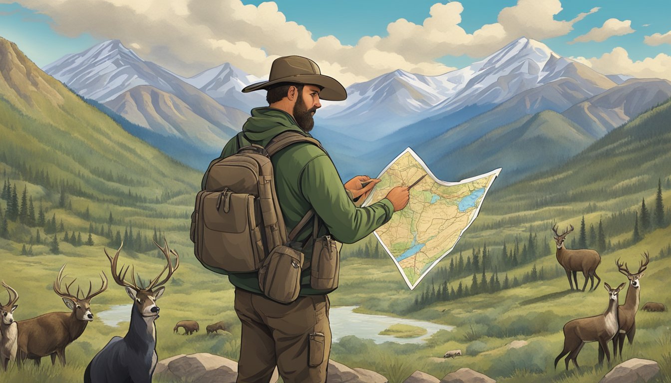 A hunter holding a map of Colorado's GMUs, surrounded by mountains and wildlife