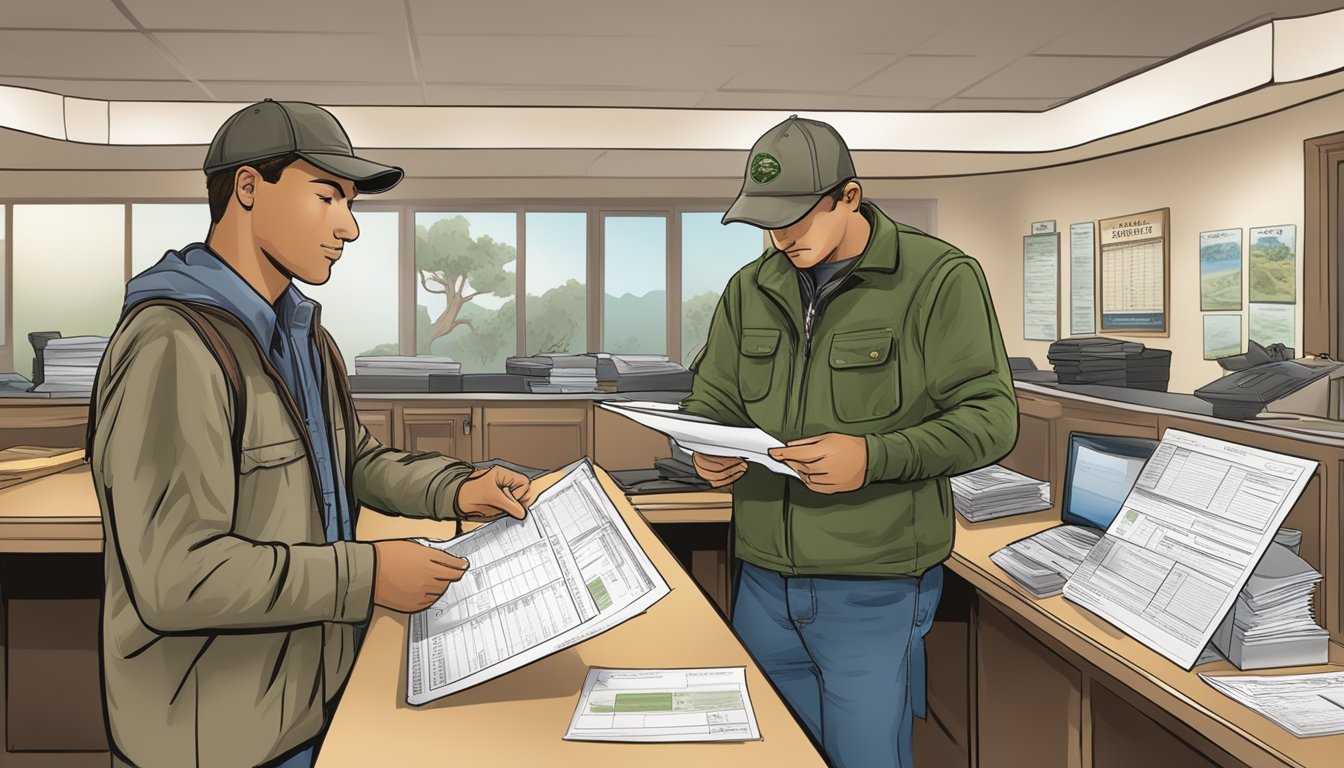 A hunter purchasing a California non-resident hunting license at a wildlife office counter, with additional permits and reporting forms displayed nearby