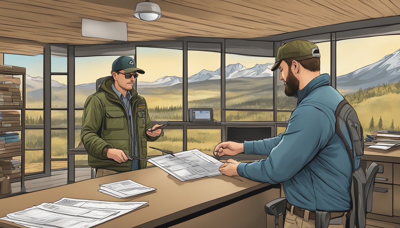 A hunter purchasing a Colorado non-resident hunting license at a wildlife conservation office