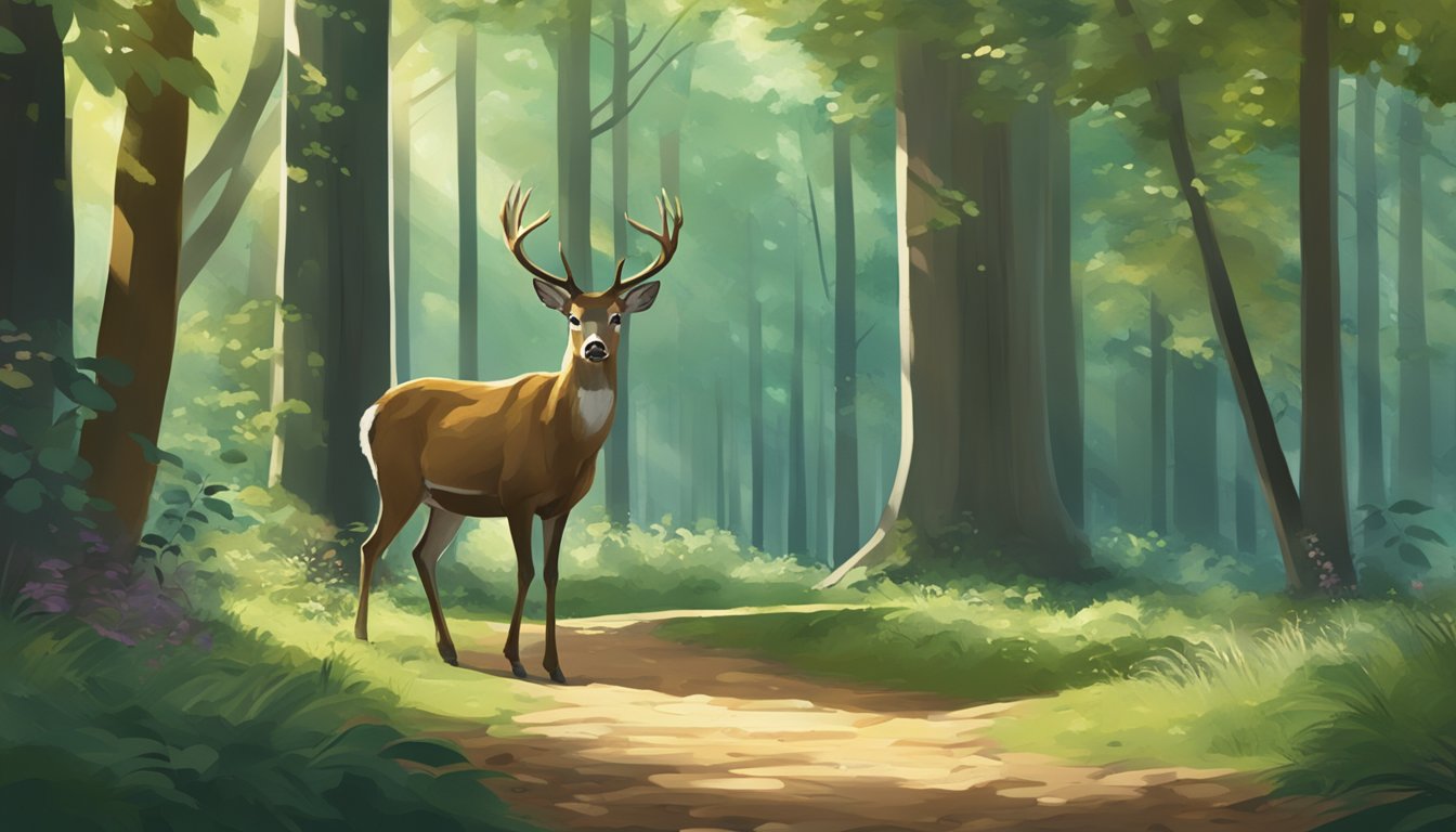 A serene forest clearing with a deer grazing peacefully, surrounded by tall trees and dappled sunlight filtering through the leaves