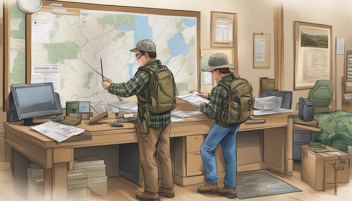 A hunter purchases an Arkansas Non Resident Hunting License at a wildlife agency office, surrounded by maps, guides, and hunting gear