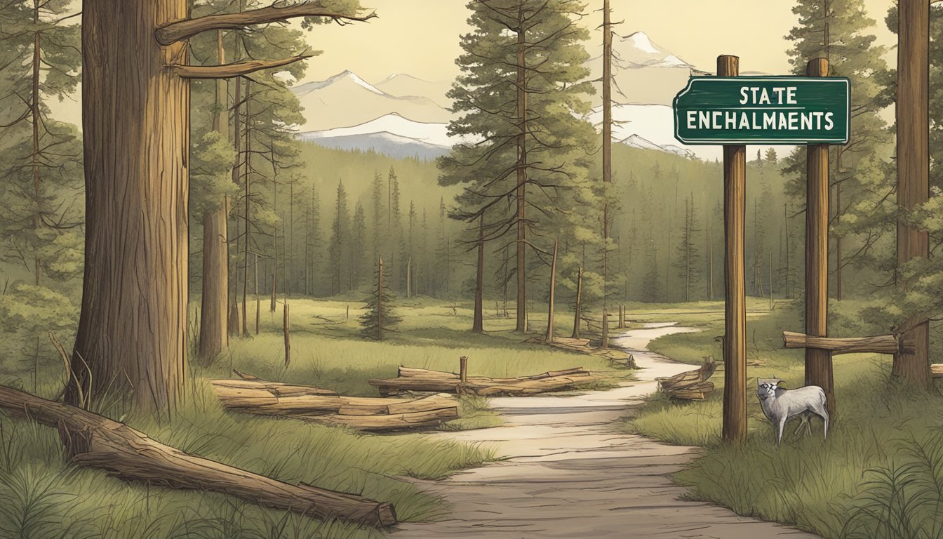 A serene forest clearing with a rustic wooden sign displaying "State Park Enhancements" and a map of Colorado. A hunting license hangs from a branch