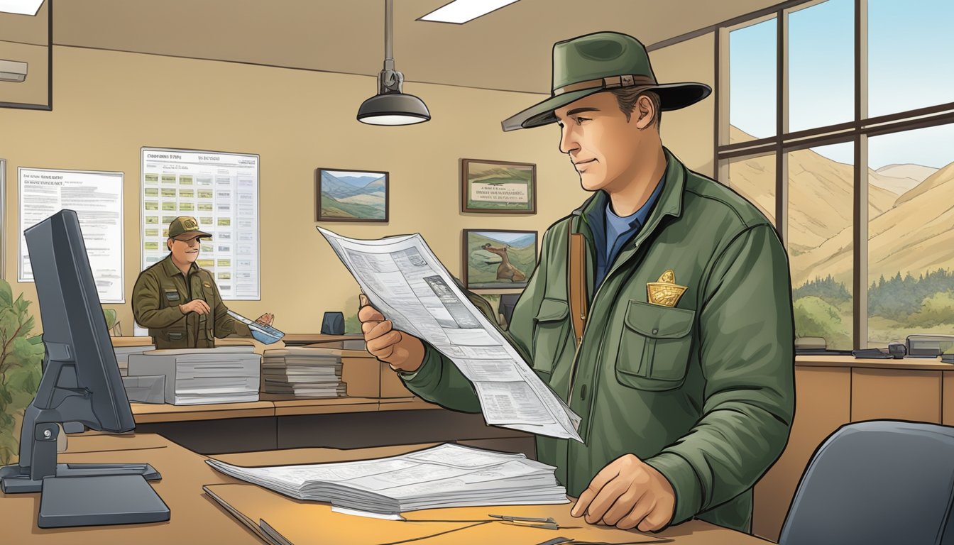 A hunter purchasing a California non-resident hunting license at a wildlife agency office