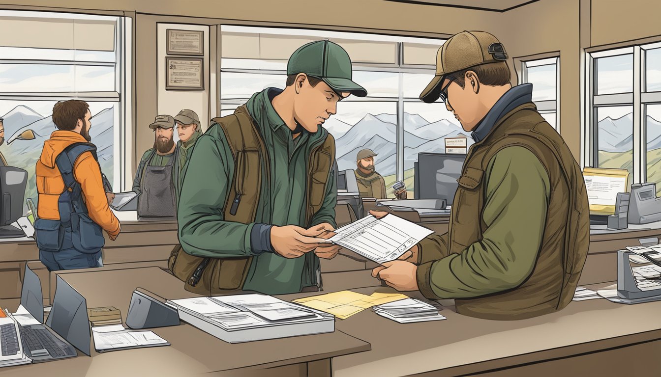 A hunter purchasing a Colorado non-resident hunting license at a wildlife office counter