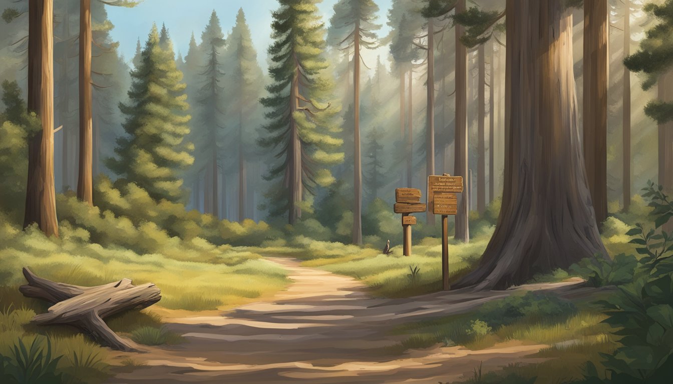 A serene forest clearing with a wooden signpost displaying information on California Non Resident Hunting License. Surrounding trees and wildlife complete the scene