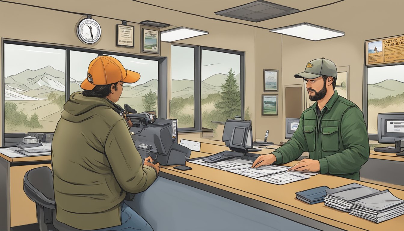 A hunter purchasing a California non-resident hunting license at a wildlife office counter