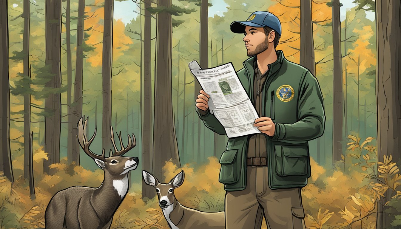 A non-resident hunter holding a Connecticut hunting license, surrounded by forest and wildlife