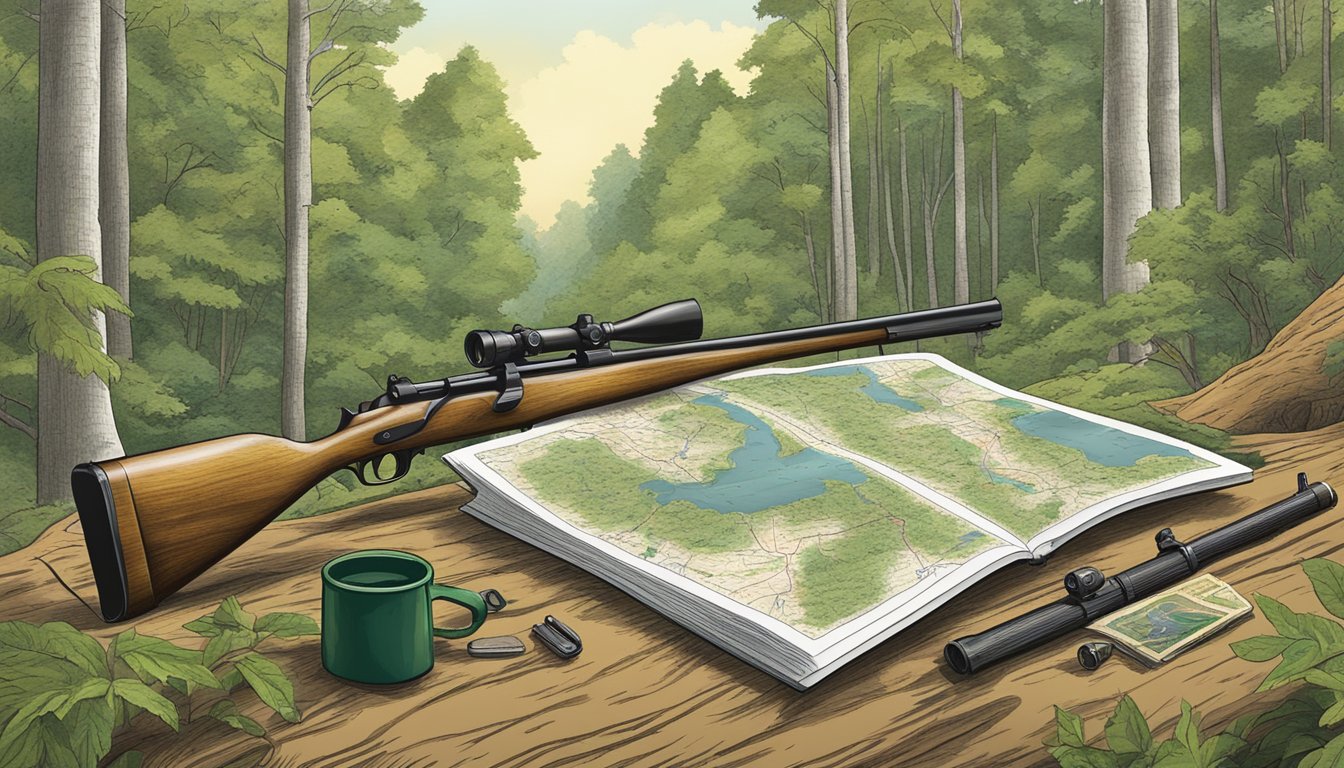 A forest clearing with a hunter's rifle, a map of Connecticut, and a wildlife guidebook