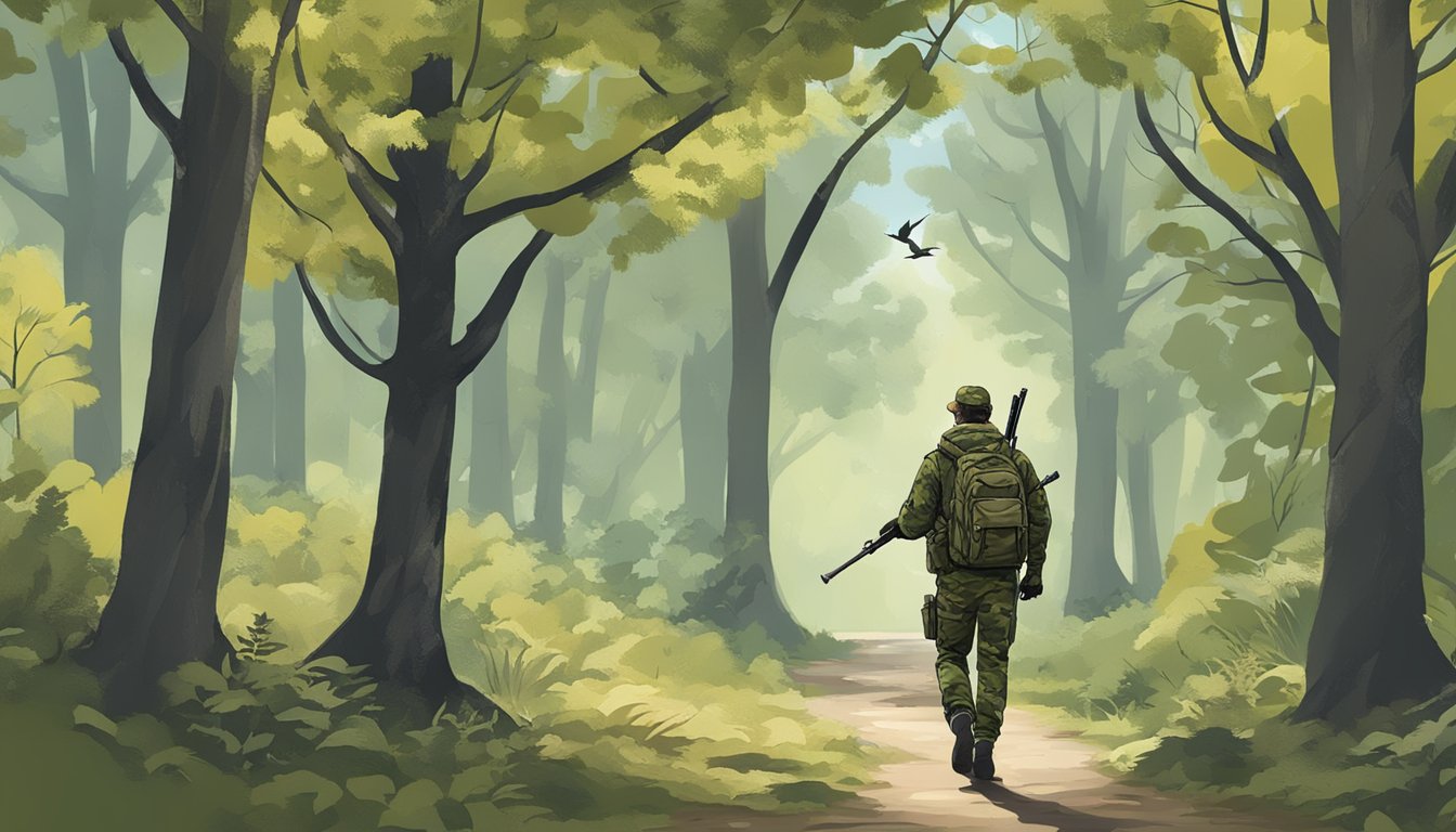 A hunter in camouflage with a rifle and backpack walks through a wooded area in the District of Columbia, with birds flying overhead