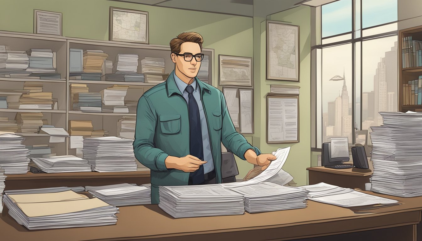 A hunter submitting paperwork at a government office, surrounded by maps, forms, and a clerk behind a desk