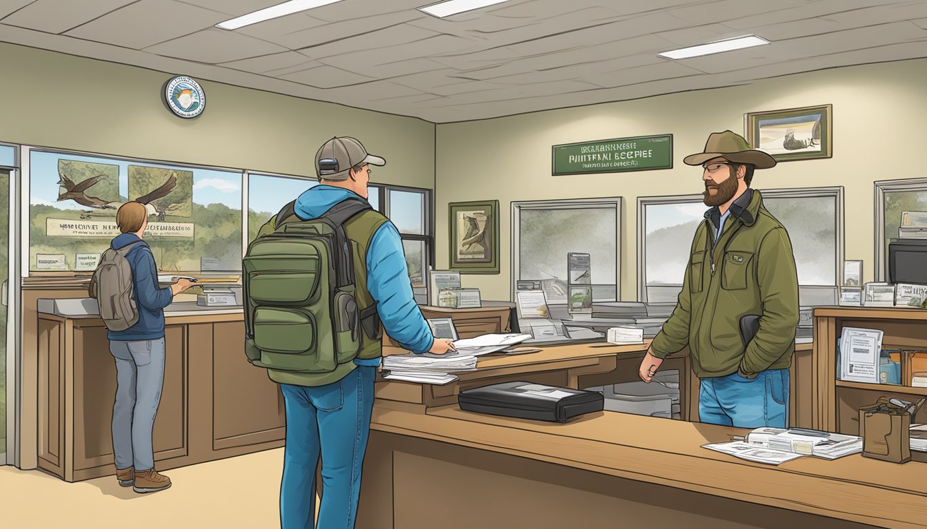 A hunter purchasing a Delaware non-resident hunting license at a wildlife agency office counter