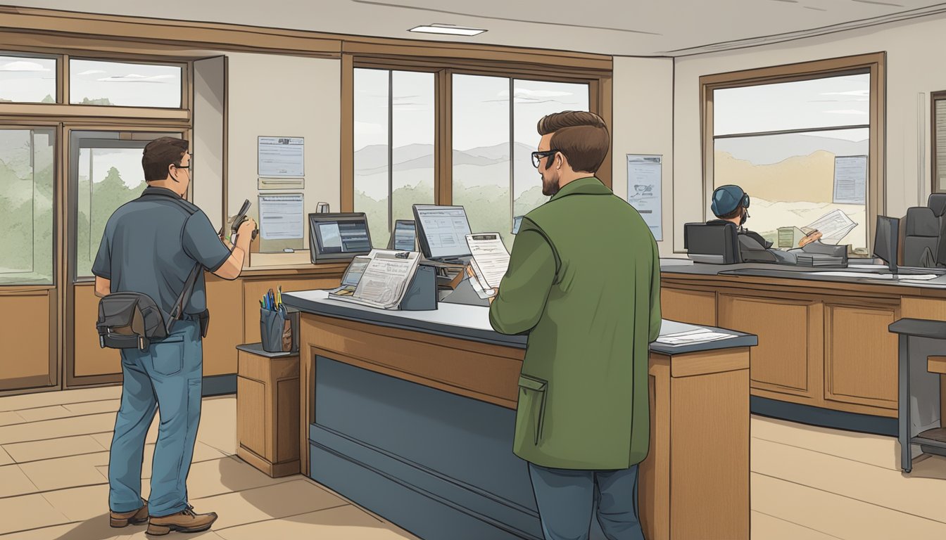 A hunter purchasing a non-resident hunting license at a government office counter with a clerk processing the paperwork