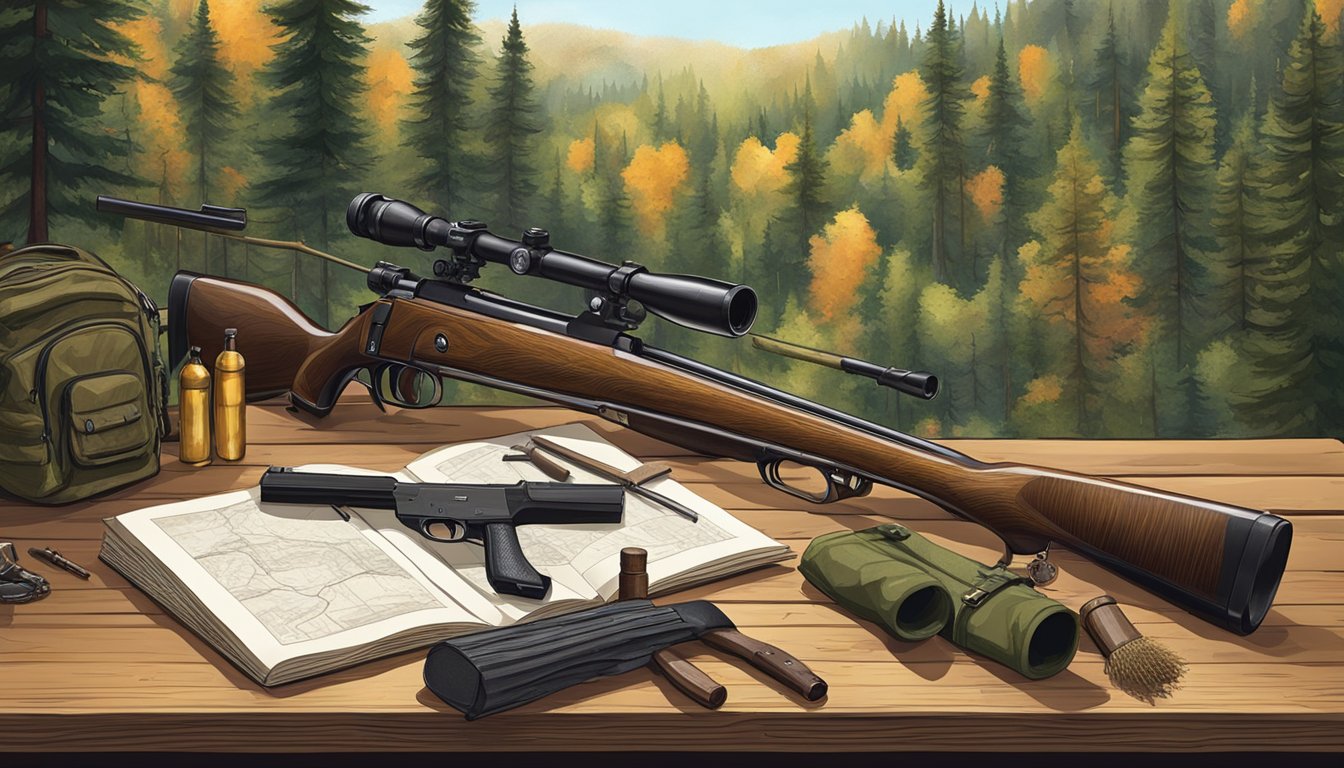 A forested landscape with a hunter's cabin, a rifle, and various hunting gear laid out on a wooden table