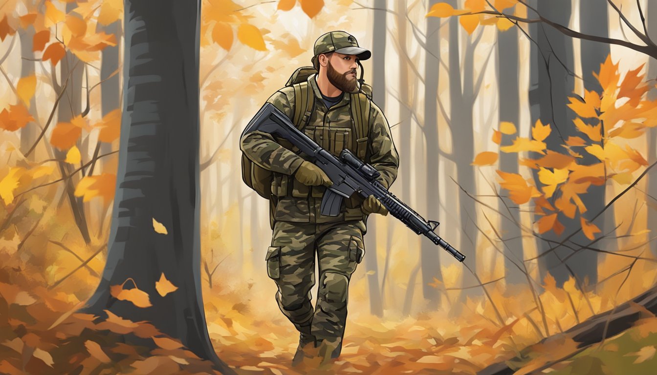 A hunter in camouflage with a rifle and backpack walks through a wooded area in Connecticut, with autumn leaves on the ground