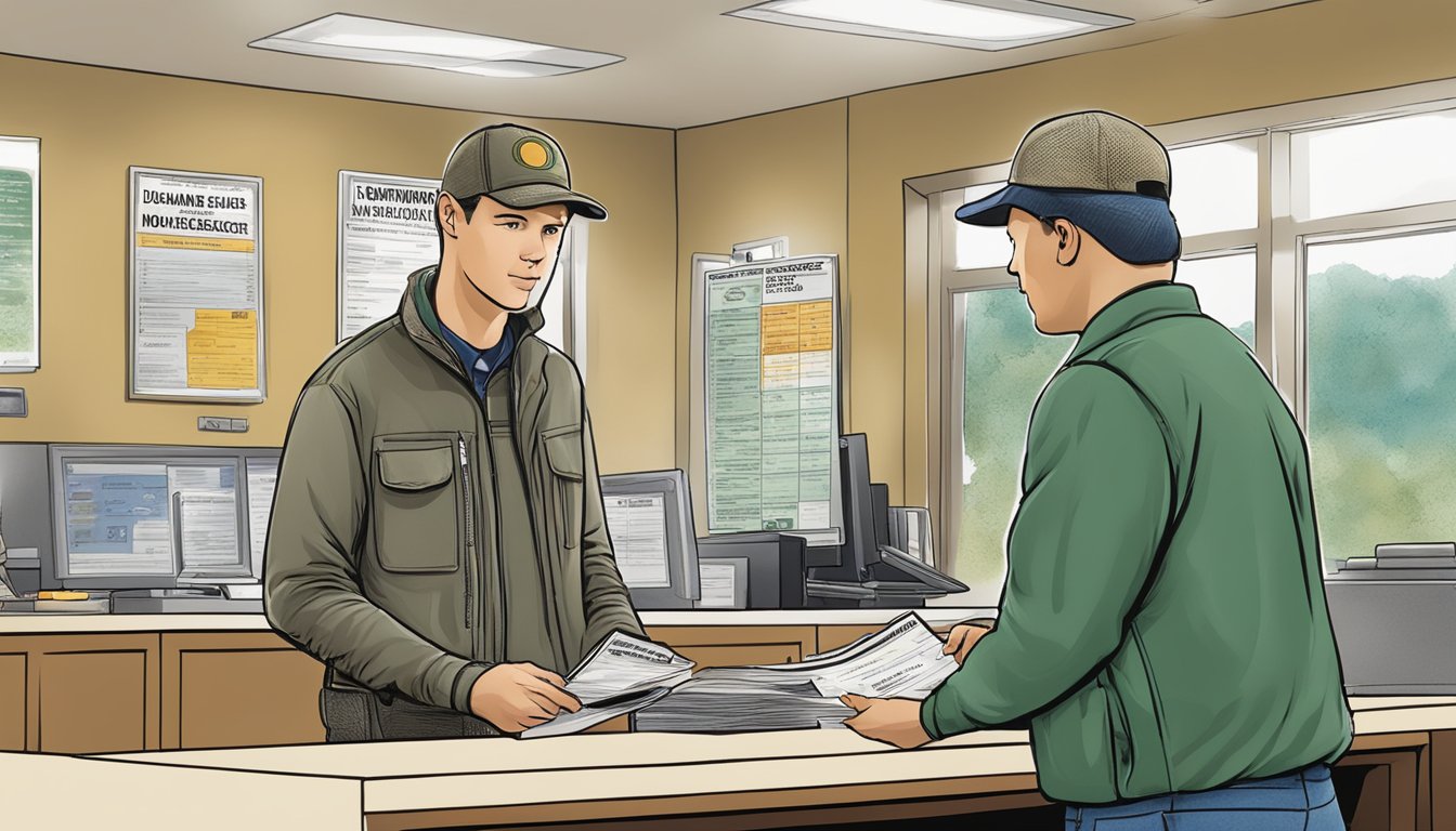 A hunter purchasing a Delaware non-resident hunting license at a government office counter