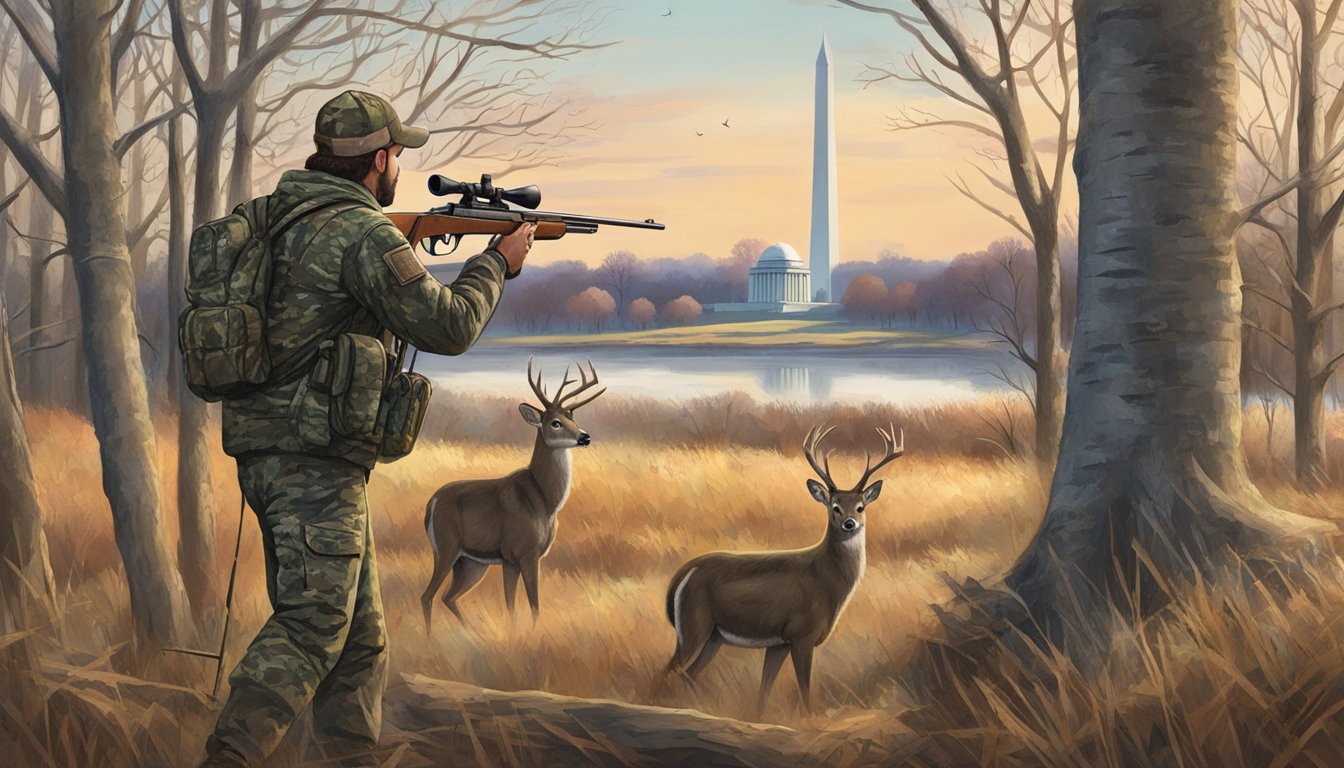 A hunter in camouflage gear standing in a wooded area, aiming a rifle at a deer in the distance, with the Washington Monument visible in the background