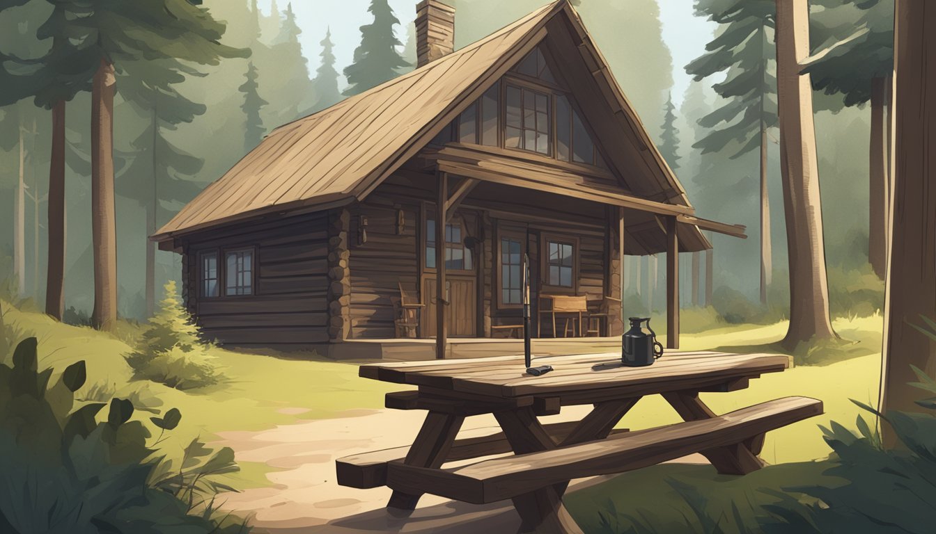 A serene forest clearing with a rustic wooden cabin, a hunting rifle leaning against the wall, and a table with paperwork and a pen