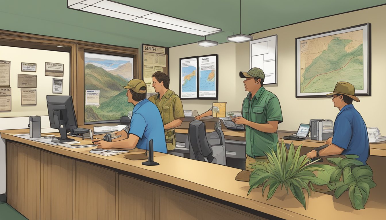 A hunter purchasing a Hawaii non-resident hunting license at a wildlife office counter