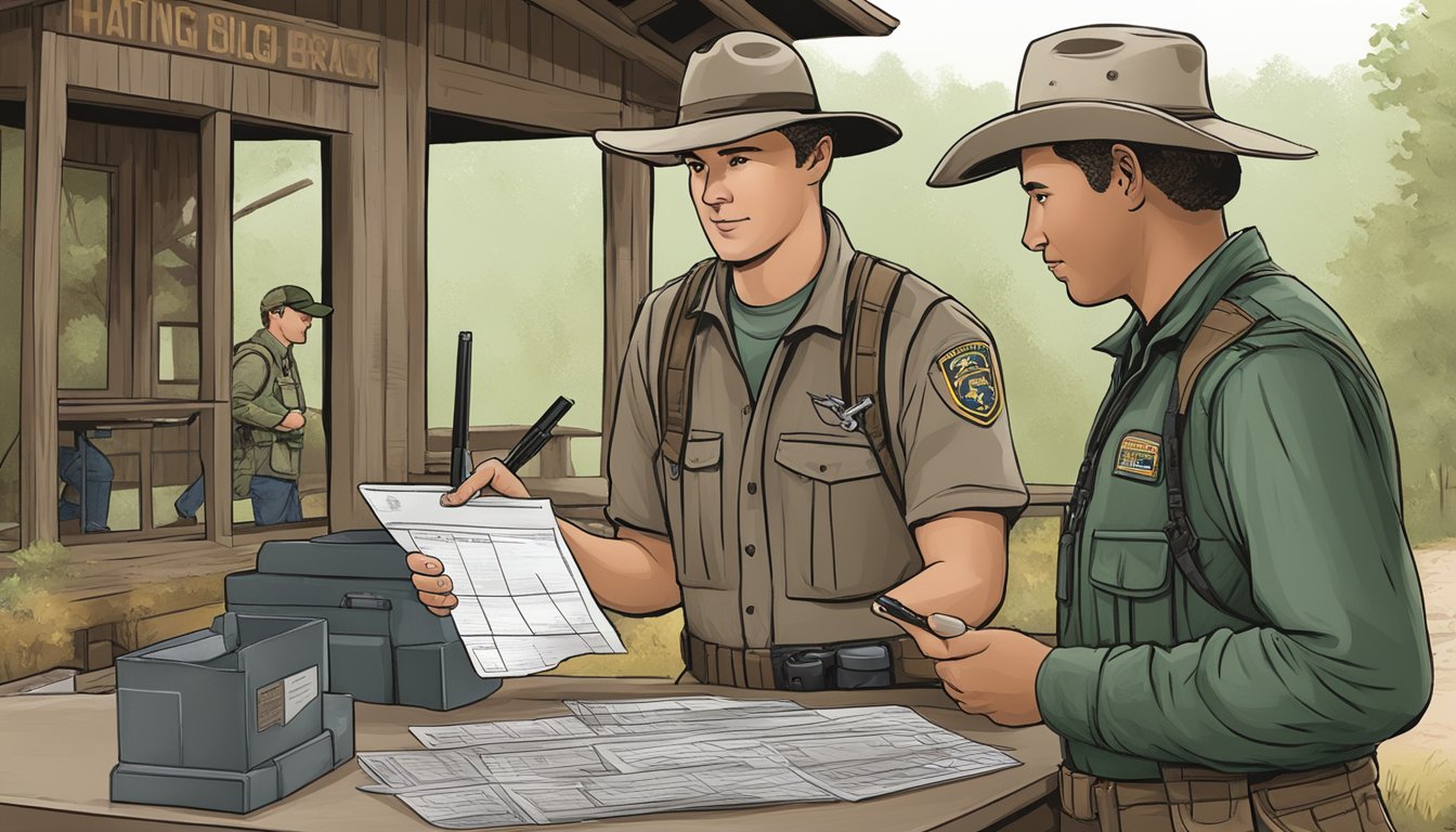 A hunter purchasing a Georgia Non Resident Hunting License from a ranger at a wildlife check station