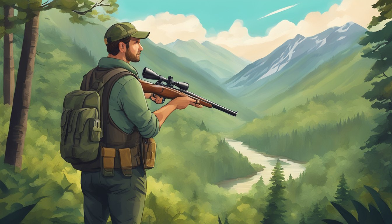 A hunter holding a rifle with a hunting license pinned to their vest, standing in a lush forest with mountains in the background