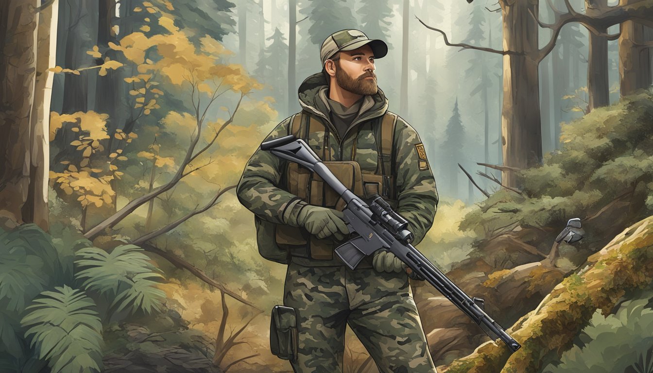 A hunter holding a rifle and wearing camouflage, standing in a forest with various wildlife in the background