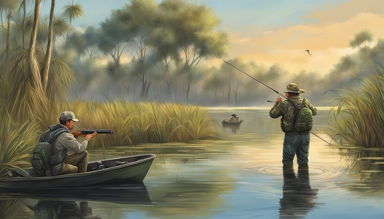 A serene Florida wetland with a hunter in camouflage aiming at a duck, while a fisherman in a boat casts his line into the water