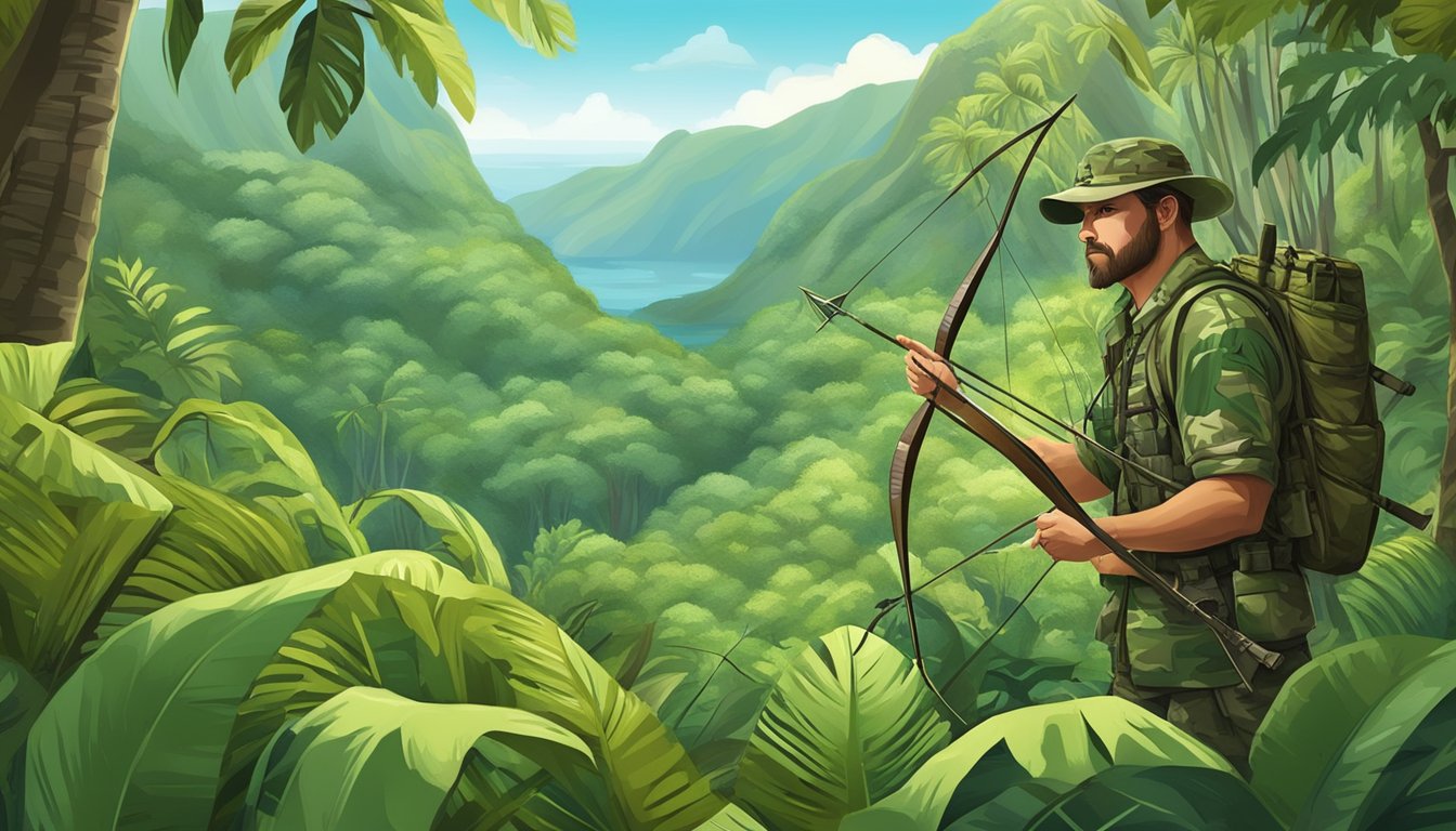 A hunter in camouflage with a bow and arrow in a lush Hawaiian forest