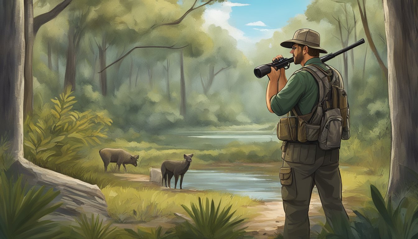 A hunter in Florida, holding a non-resident hunting license, standing in a wooded area with a rifle and binoculars, observing wildlife