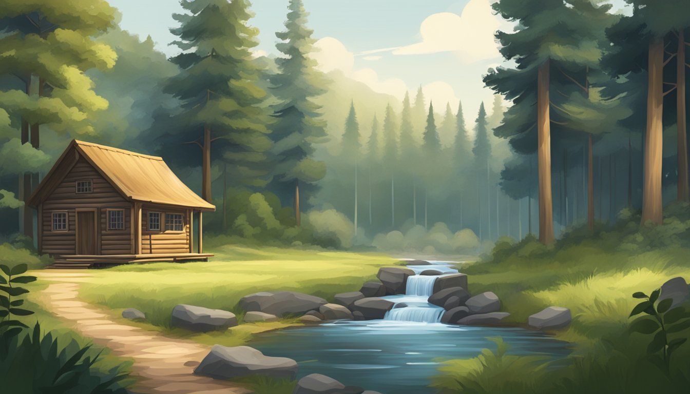 A serene forest clearing with a small wooden cabin, surrounded by tall trees and a stream flowing nearby