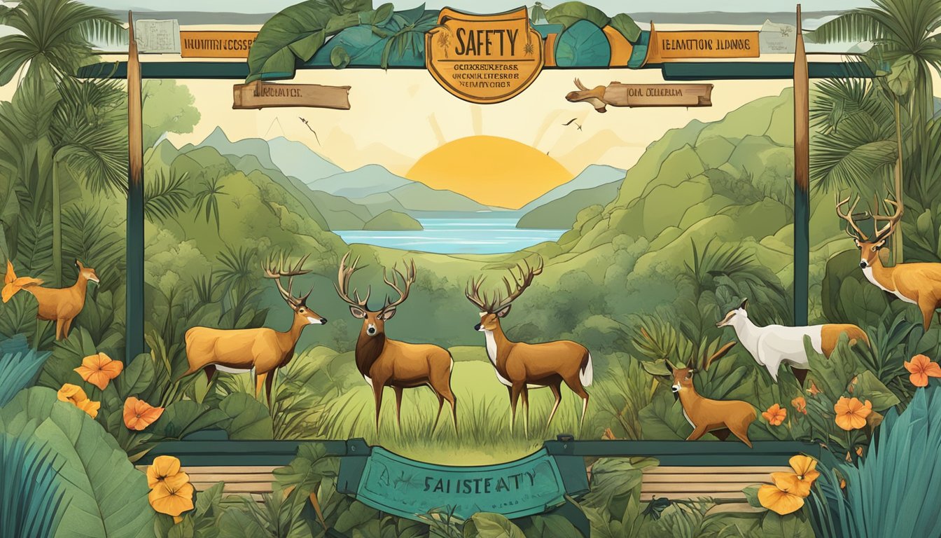 A colorful illustration of a tropical landscape with a hunting license displayed prominently, surrounded by symbols of safety education and ethical hunting practices