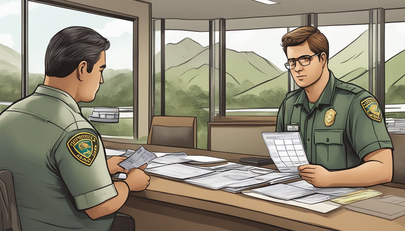 A hunter purchasing a non-resident hunting license from a Hawaii enforcement officer at a government office