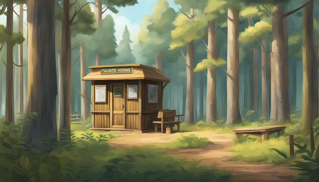 A forest clearing with a wooden hunting license booth, surrounded by trees and wildlife