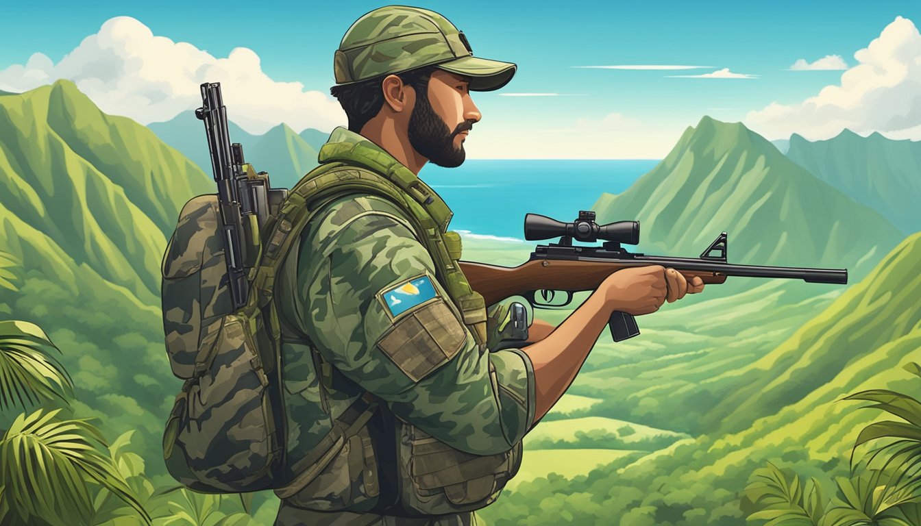 A hunter in camouflage gear holds a hunting license while surrounded by lush Hawaii scenery, with mountains and a clear blue sky in the background