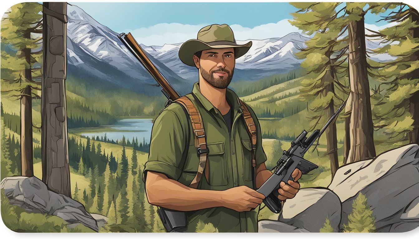 A hunter holding an Idaho Nonresident Hunting License, surrounded by mountains and pine trees