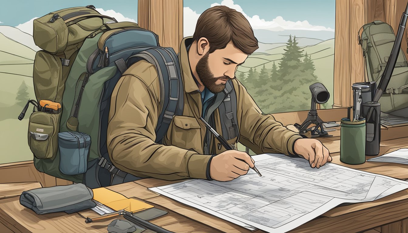 A person filling out a non-resident hunting license application, surrounded by hunting gear and maps